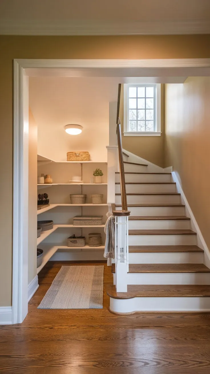 A remodeled under-stair pantry boasts clever shelving, maximizing limited space with soft lighting and warm aesthetics.