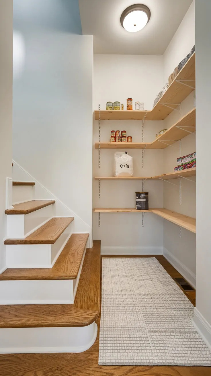A small, white-walled closet under the stairs transforms into a functional pantry with wooden shelving, showcasing a newfound organization.