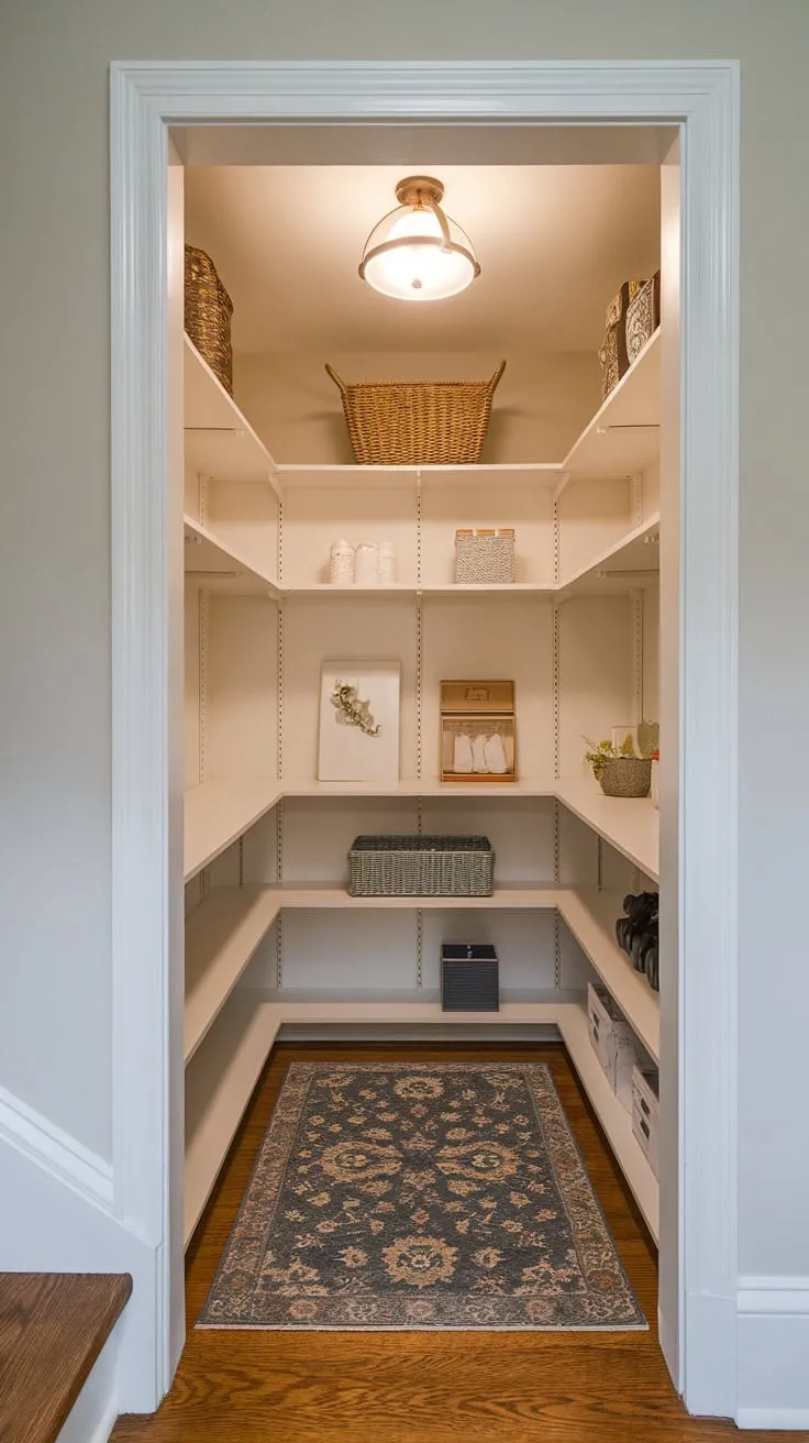A small under-stairs pantry remodel boasts stylish floor-to-ceiling shelving maximizing storage in a light grey space.