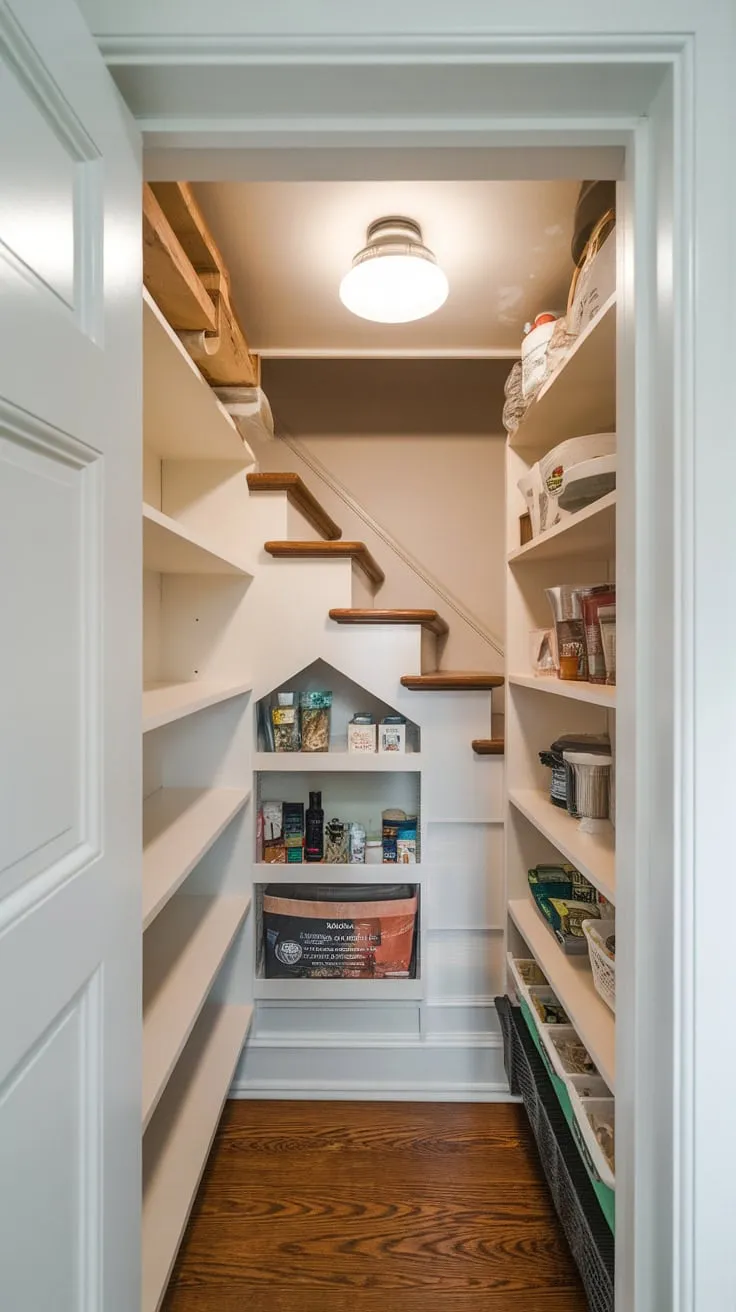 Transforming a cramped under-stair closet into a functional pantry with custom shelving maximizes limited space
