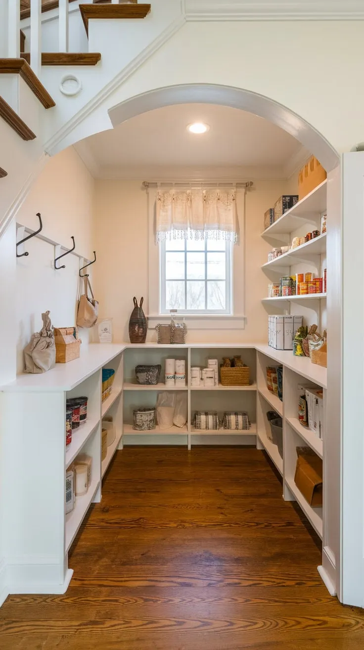 Clever shelving transforms a tiny closet under the stairs into a well-lit, organized pantry.