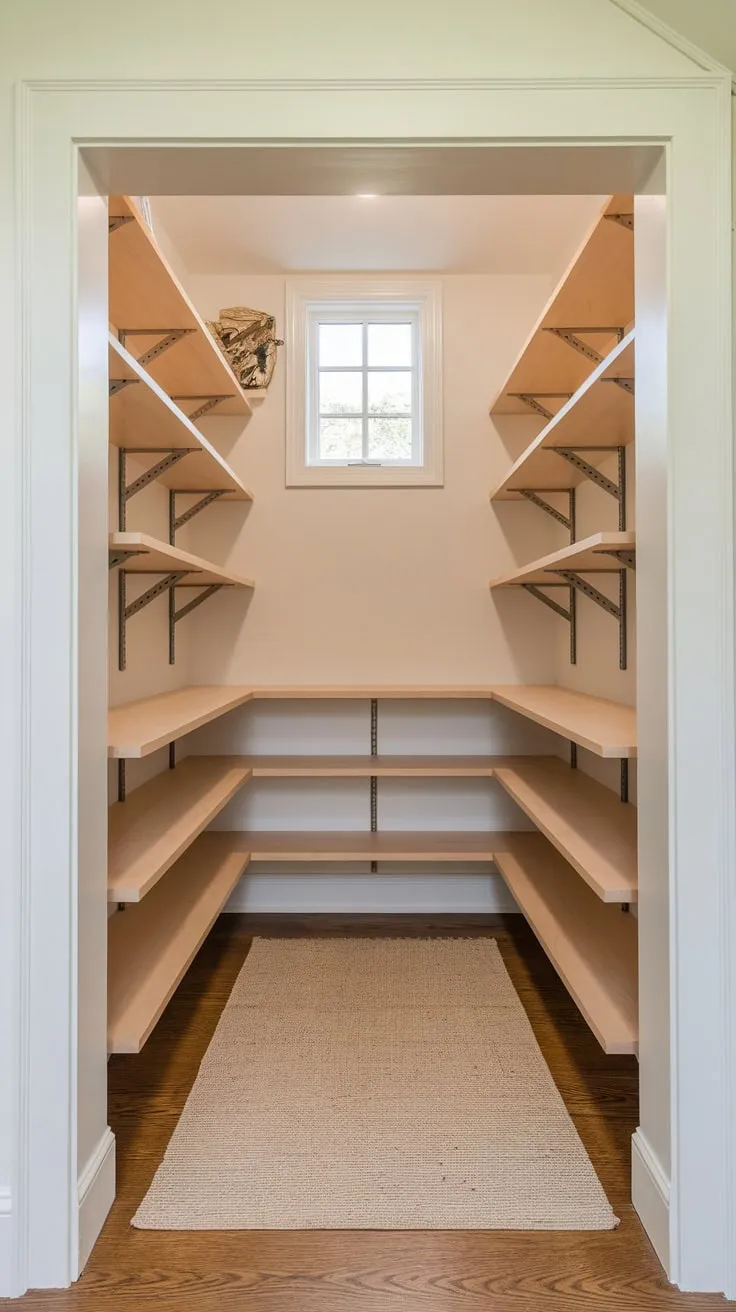 Clever slanted and straight wood shelving transforms a cramped under-stair closet into a bright, organized pantry.