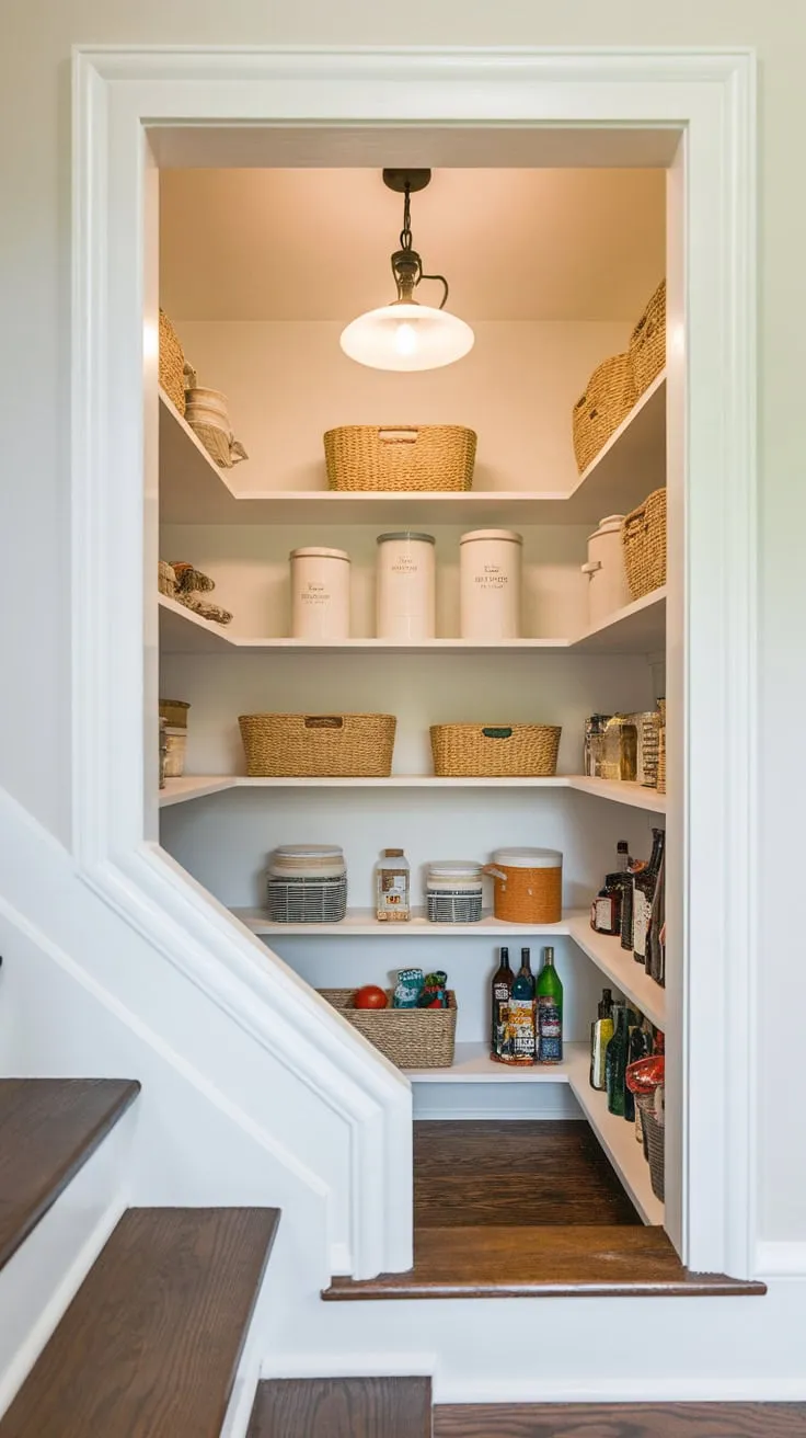 Transformed from a cramped closet to a bright, functional pantry, custom shelving optimizes under-stair storage.
