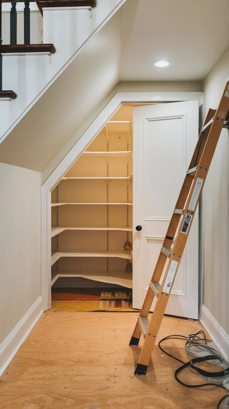 Clever shelving conquers a small, sloped-ceiling closet, creating a surprisingly spacious pantry under the stairs.