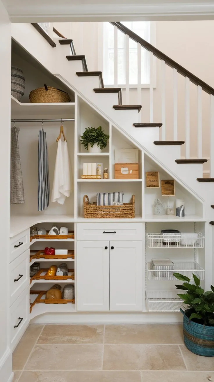 Clever design transforms a cramped under-stair closet into a visually appealing and highly functional pantry with diverse storage options.