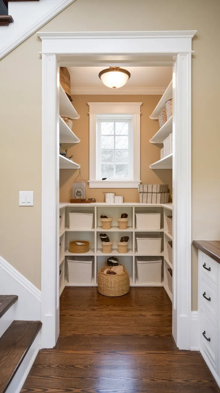 A remodeled under-stair pantry boasts efficient shelving, maximizing storage in a small space.