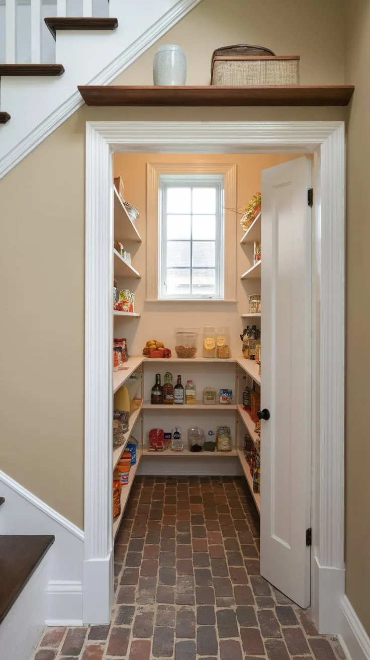 A beige-walled, brick-floored pantry under the stairs gains valuable storage thanks to creative above-door shelving.