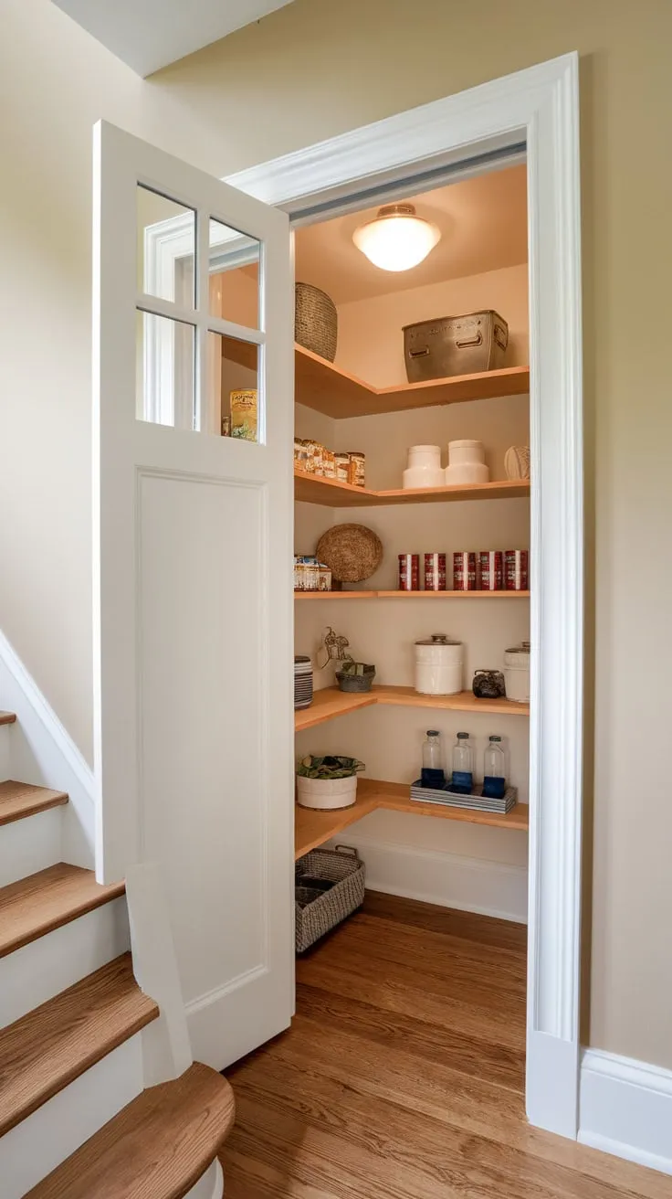 Maximize your under-stair space with a custom-designed pantry featuring wooden shelves, a windowed door, and efficient storage solutions.
