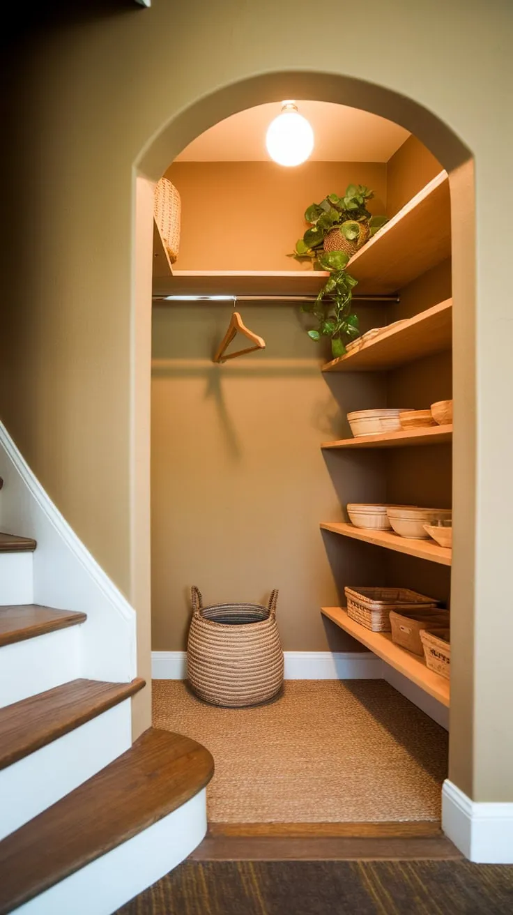 A cozy beige-walled pantry nestled under the stairs boasts custom wooden shelving, a hanging rod, and charming details like a potted plant and floor basket.