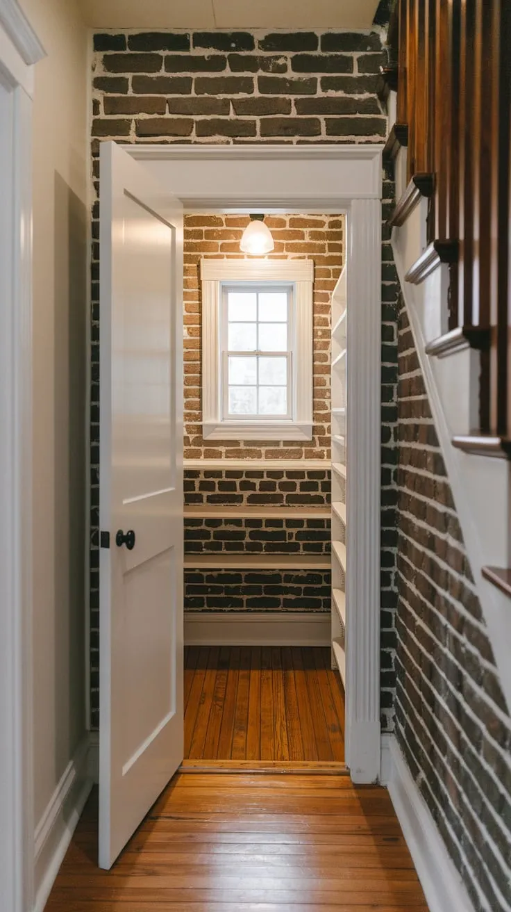 Brick walls and a small window add character to this newly remodeled pantry tucked away in a narrow hallway.