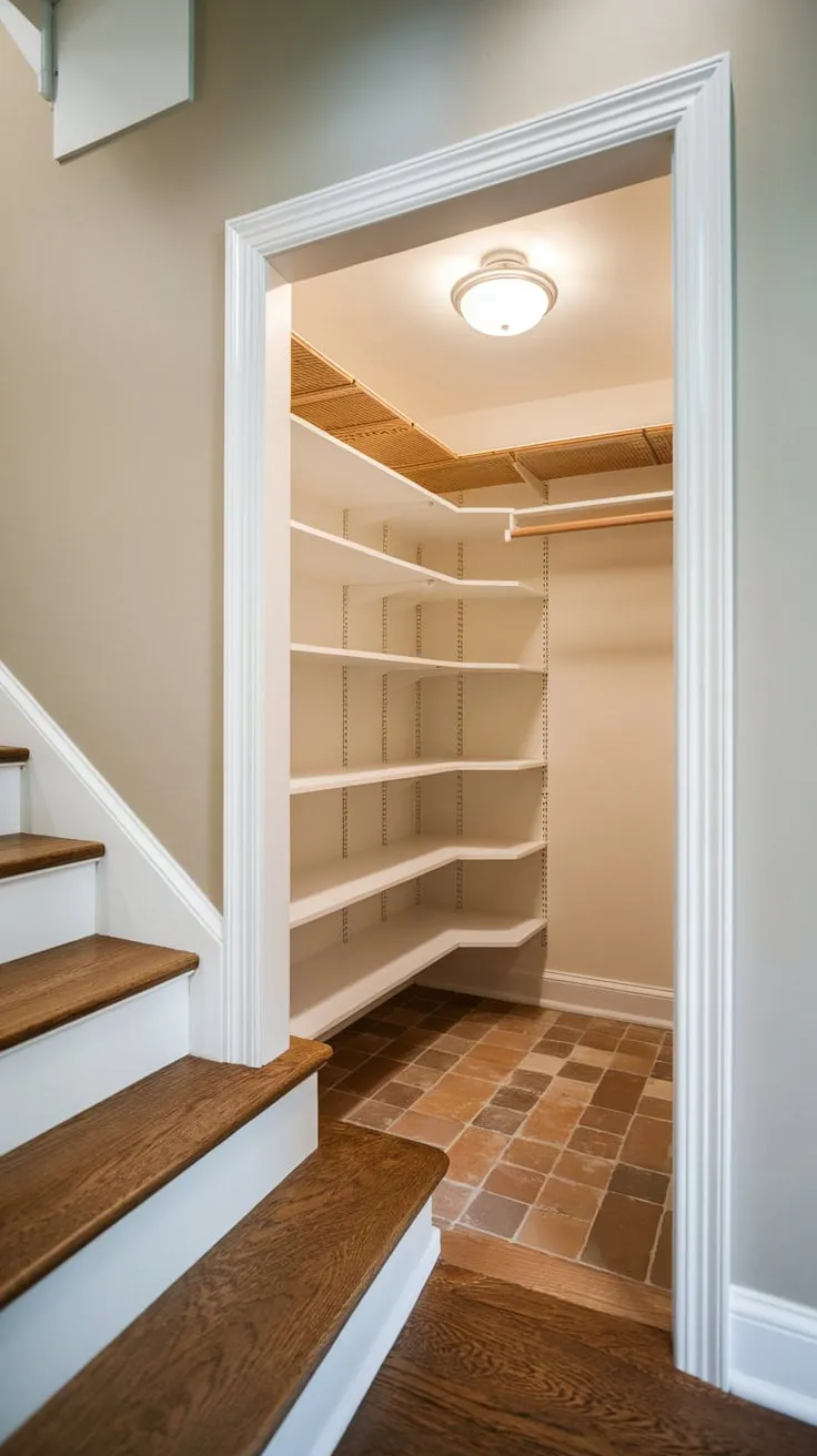 A remodeled under-stair closet boasts new tile, paint, shelves, a hanging rod, and lighting, maximizing pantry space.