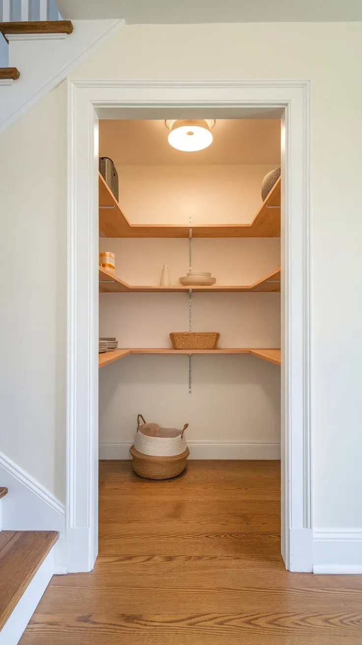 A bright white renovated under-stairs pantry maximizes small-space storage with wooden shelves and a clean aesthetic