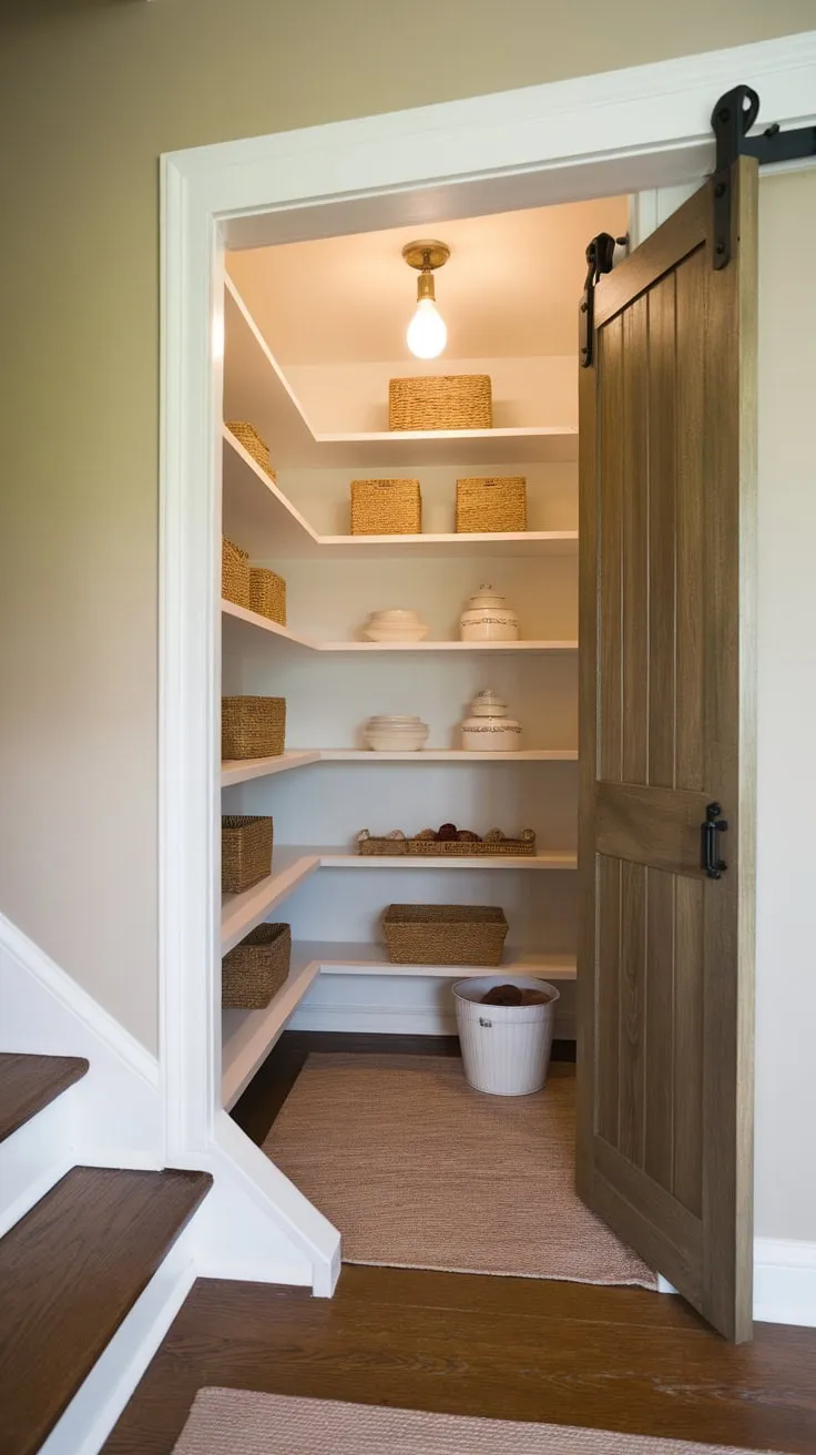 A remodeled under-stair pantry boasts bright white shelving and a cozy atmosphere, maximizing small-space storage.