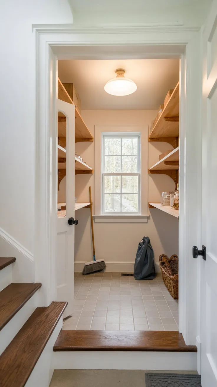 A remodeled under-stair pantry boasts custom wooden shelving, natural light, and tiled floors, maximizing small-space storage potential