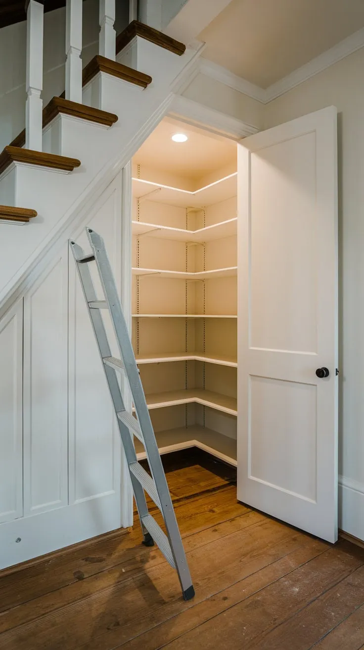 A bright remodel transforms a cramped under-stair closet into a functional pantry with new shelving