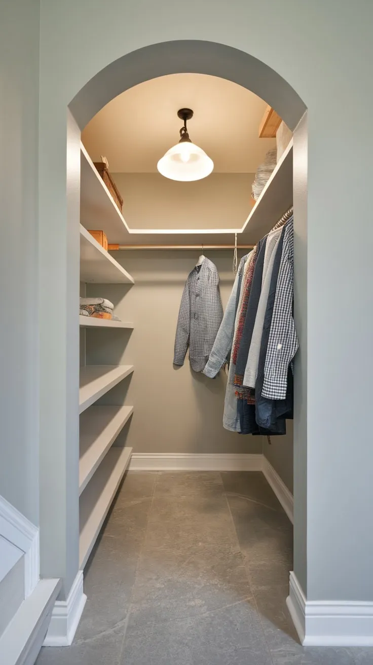 Maximize small-space storage with this chic under-stairs pantry featuring shelves, a hanging rod, and a light gray aesthetic.