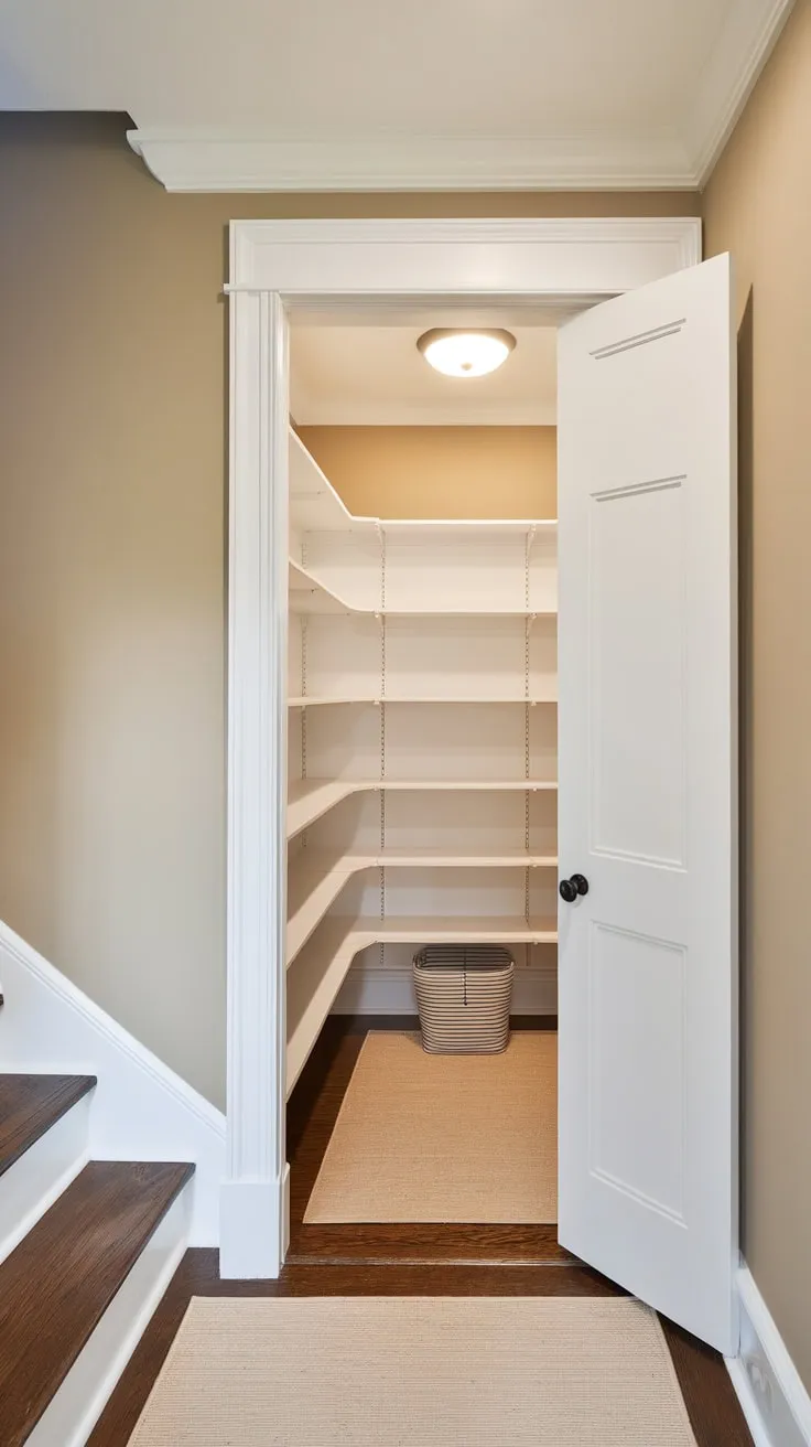 A small closet under the stairs was transformed into a clean, organized pantry with white shelving, showcasing efficient space maximization.