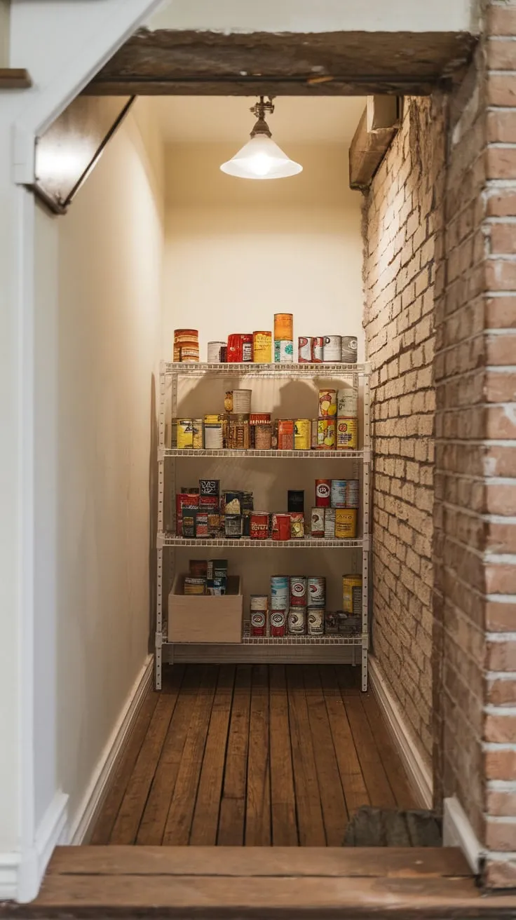 Rustic charm fills a remodeled under-stairs pantry with cleverly organized shelving maximizing small-space storage