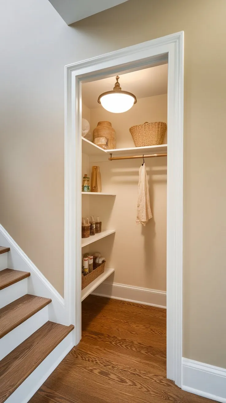 Transform a cramped under-stair space into a functional pantry with efficient shelving and hanging storage.