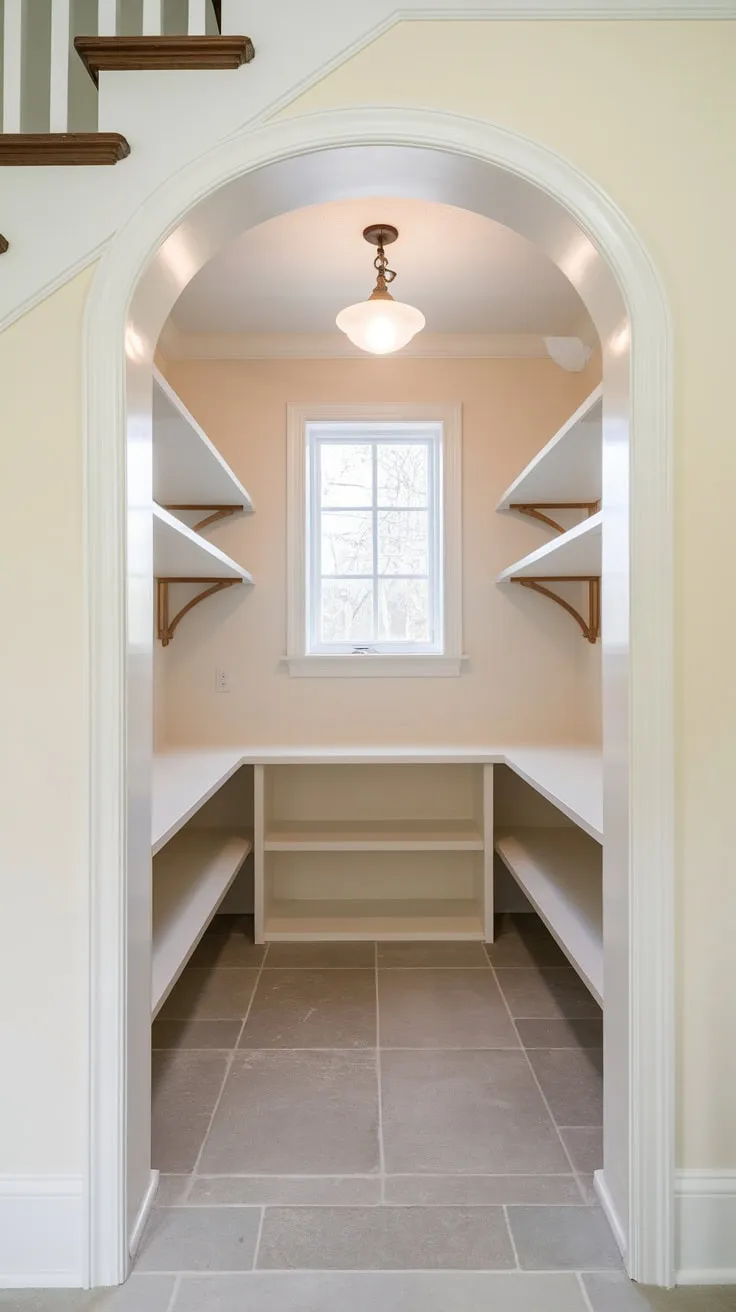 Clever shelving transforms a cramped under-stair closet into a bright, functional pantry.