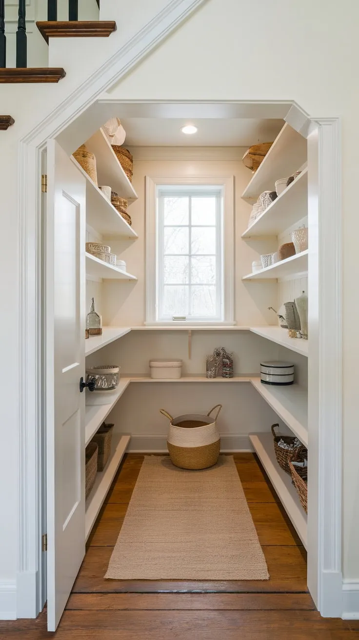 Clever shelving transforms a tiny under-stair closet into a bright, functional pantry.