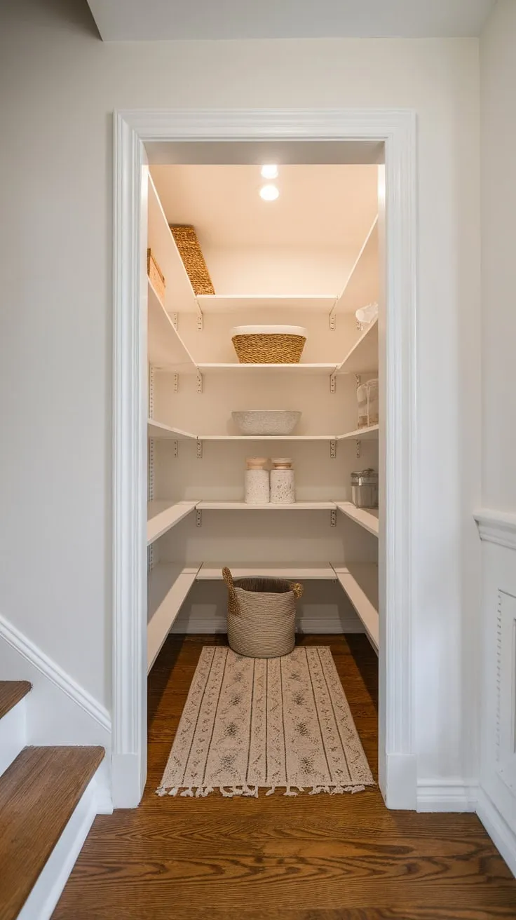 New shelving and lighting maximize a tiny under-stair closet's potential as a functional and attractive pantry.