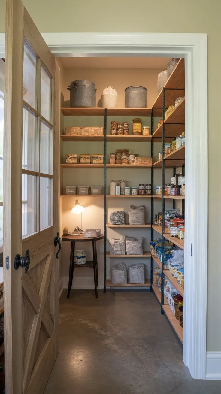Rustic wooden shelves overflow with canned goods and jars in a bright walk-in pantry featuring a charming windowed door and a cozy concrete floor.
