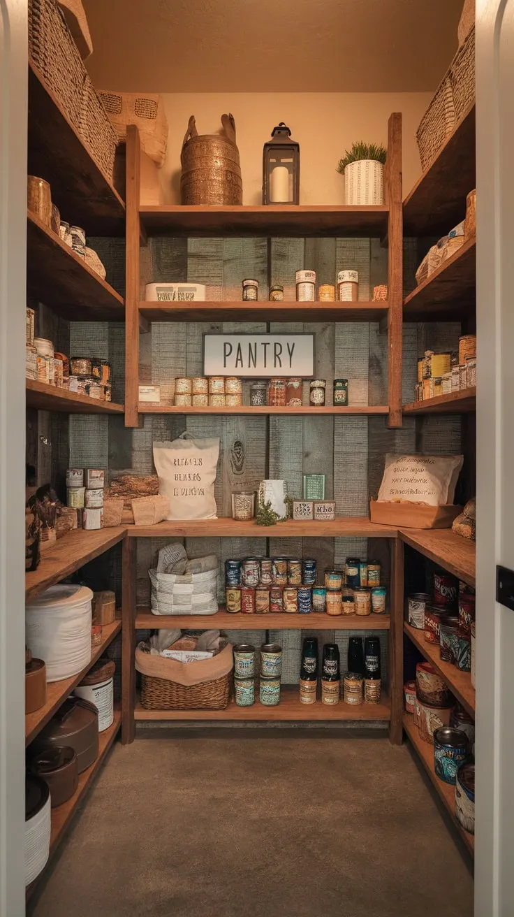Warm lighting illuminates a rustic farmhouse walk-in pantry boasting wooden shelving brimming with food and charming décor