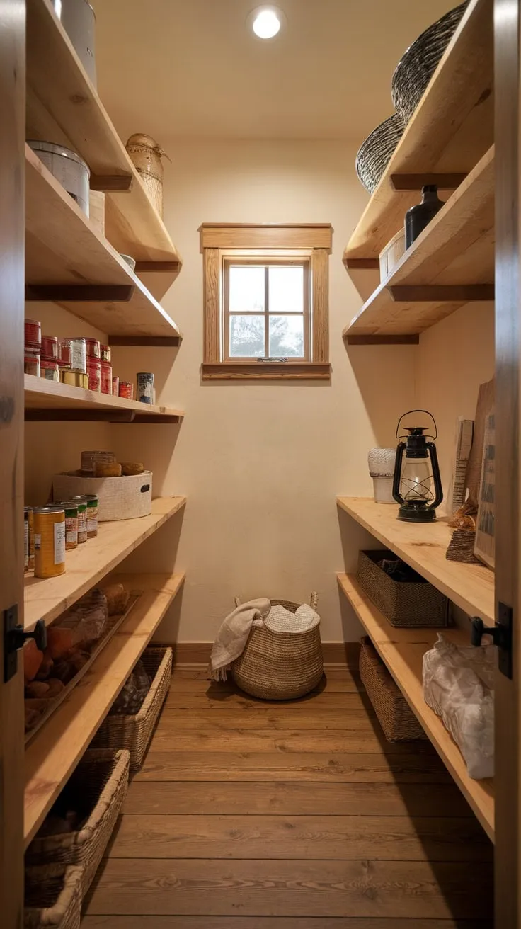 Rustic charm fills a walk-in pantry boasting warm lighting, wooden shelving, and farmhouse-style details.
