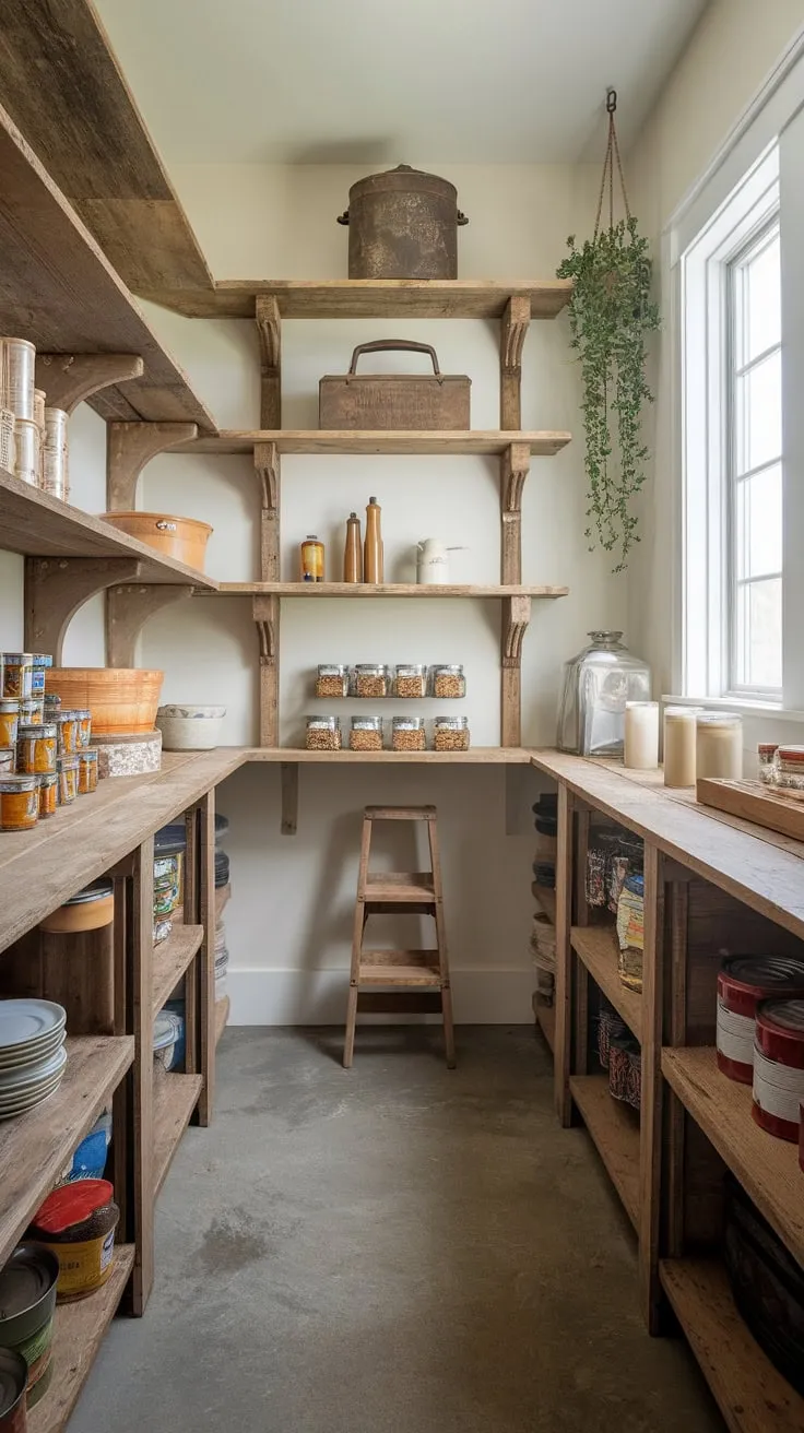 A sunlit walk-in pantry boasts farmhouse style with weathered wooden shelves, vintage touches, and plenty of space for canned goods and other provisions.