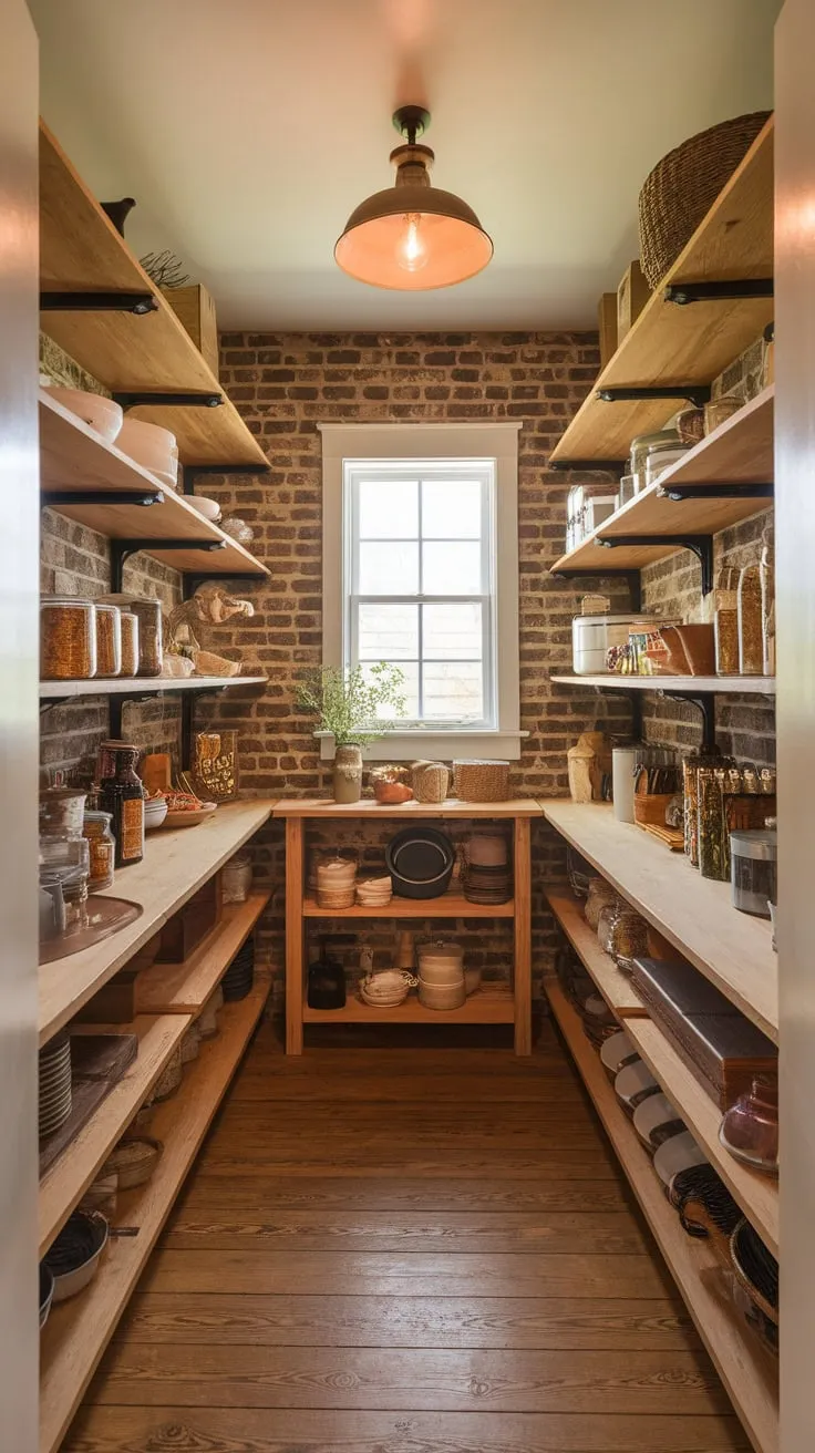 A charming farmhouse walk-in pantry boasts rustic wooden shelving, exposed brick, and natural light creating a warm and inviting space for food storage.