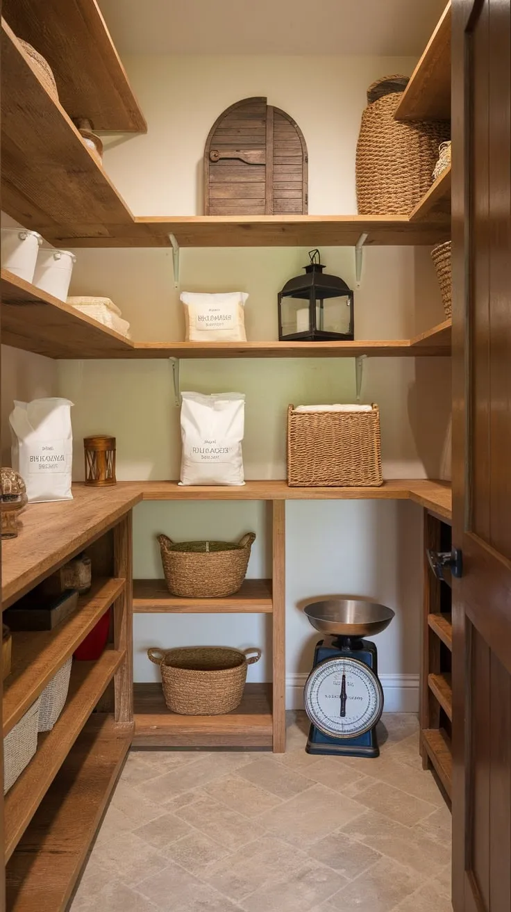 A charming farmhouse walk-in pantry boasts rustic wooden shelving, blending open and closed storage with vintage accents for both practicality and style