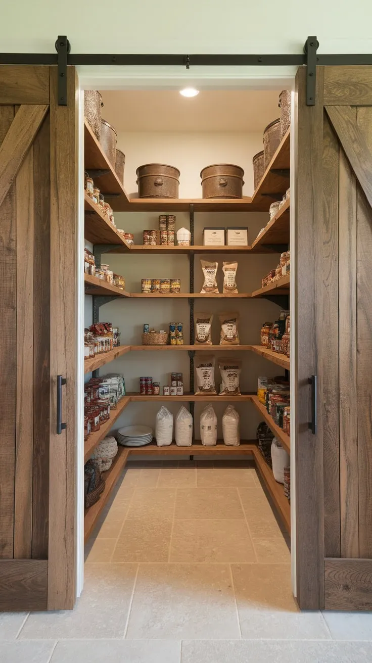 A spacious farmhouse kitchen boasts a walk-in pantry featuring ample rustic wood shelving stocked with canned goods and dry staples