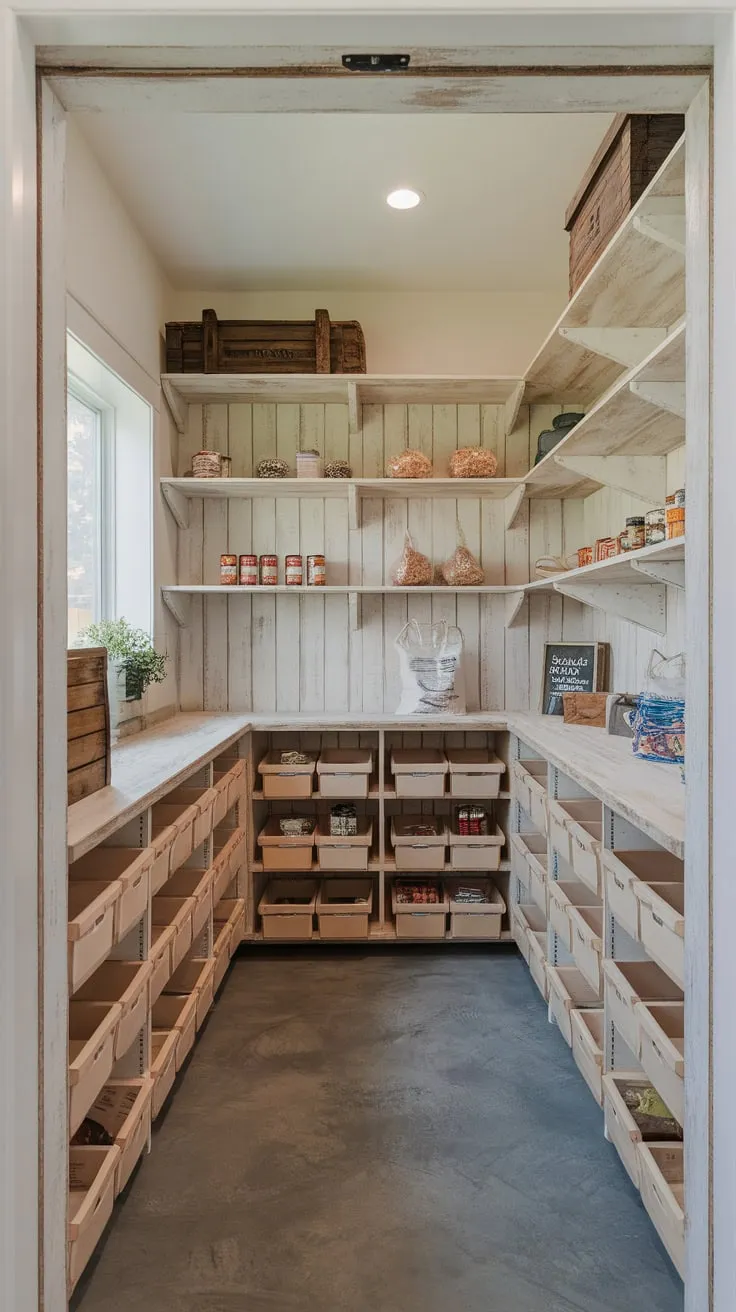 Sunlit, organized farmhouse charm fills a walk-in pantry with wooden shelves and rustic details.