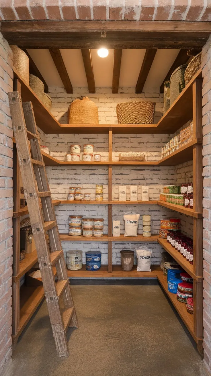 Warm lighting illuminates a charming walk-in pantry featuring exposed brick, wooden shelving stocked with pantry staples, and a rustic vintage ladder.