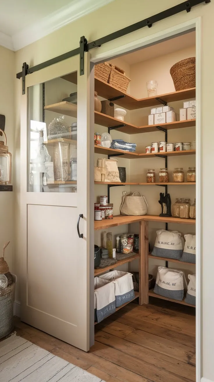 A charming beige farmhouse walk-in pantry boasts rustic wooden shelving, a sliding door, and ample storage for canned goods and decorative accents