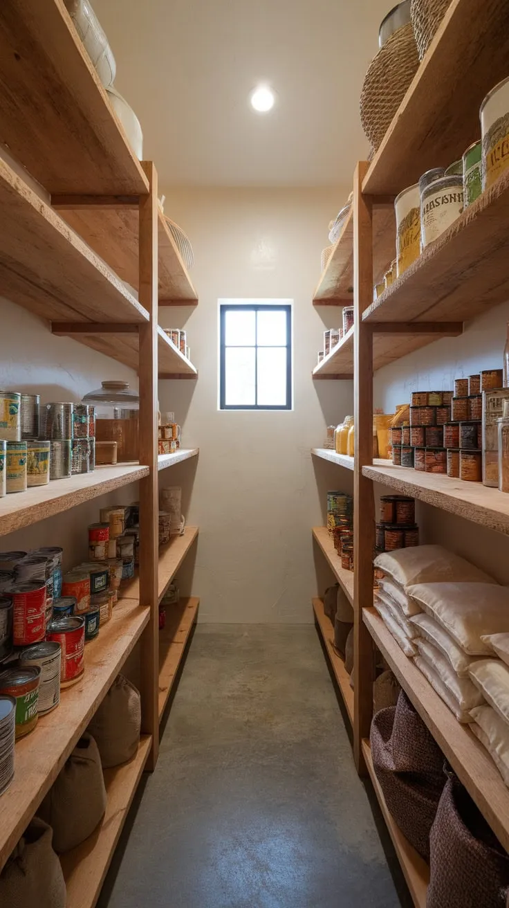 Rustic farmhouse style meets practical storage in a bright walk-in pantry featuring wooden shelves stocked with canned goods, grains, and jars.