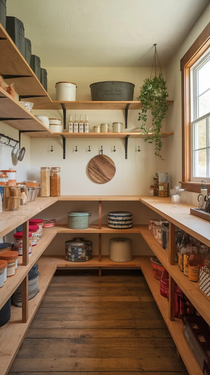 Rustic charm meets practical storage in a sunlit walk-in pantry featuring wooden shelves and a welcoming atmosphere.