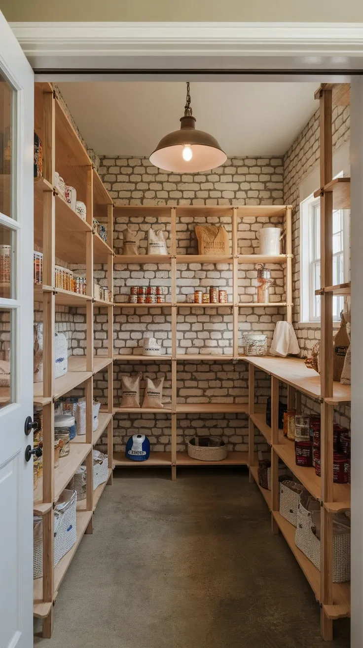 Rustic charm meets practical storage in a farmhouse walk-in pantry featuring wooden shelving, exposed brick, and ample space for canned goods and dry staples