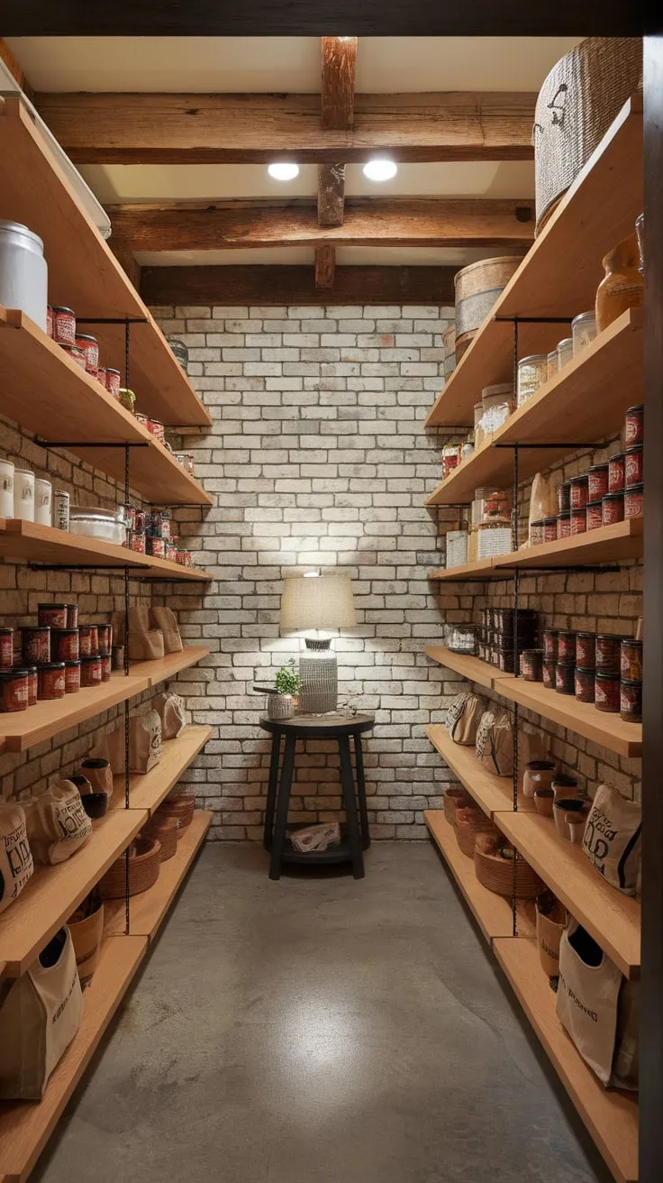 Wooden shelving creates a charming, functional farmhouse-style walk-in pantry within a rustic brick and beam setting.