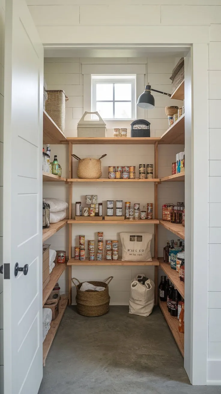 Organize your kitchen essentials in a dreamy farmhouse walk-in pantry featuring warm wooden shelves and ample storage space.