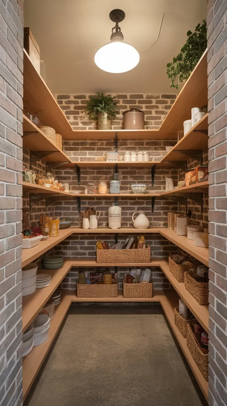 A charming walk-in pantry with rustic wooden shelves and brick walls offers abundant storage for food, kitchen essentials, and decorative accents.
