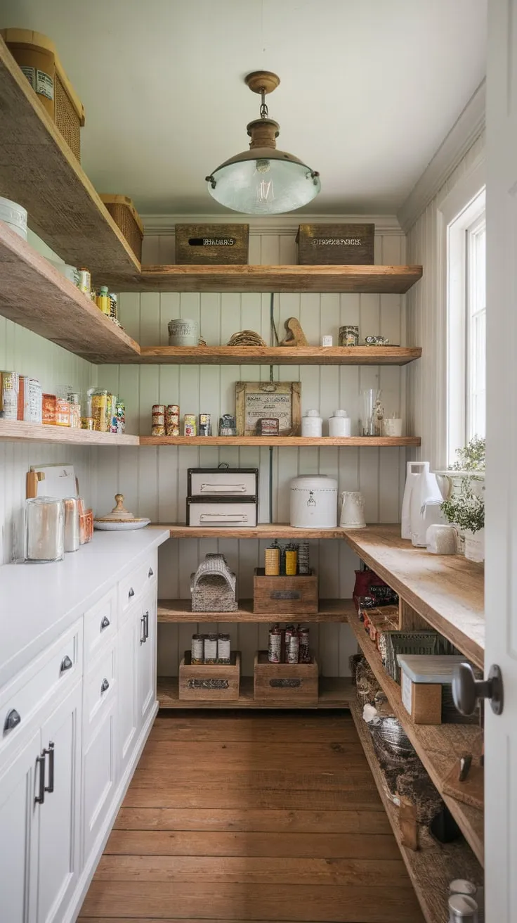 Rustic charm meets practical storage in a farmhouse-style walk-in pantry featuring distressed wooden shelving and ample space for kitchen essentials
