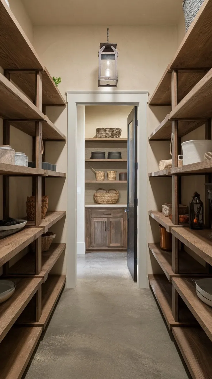 Rustic farmhouse charm fills this walk-in pantry, featuring wooden shelving, a concrete floor, and a hidden door adding intrigue.