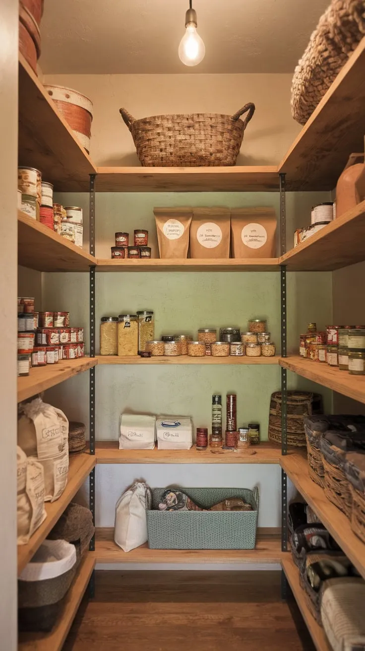 A charming farmhouse walk-in pantry boasts rustic wooden shelving overflowing with canned goods, jars, and baskets, bathed in warm light.