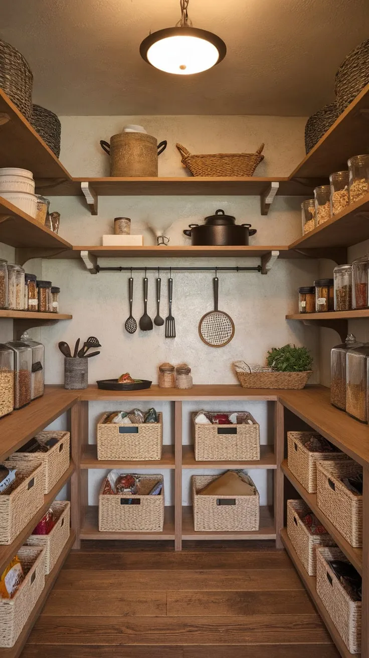Rustic wooden shelving and charming décor transform a walk-in pantry into a functional and beautiful farmhouse storage haven.