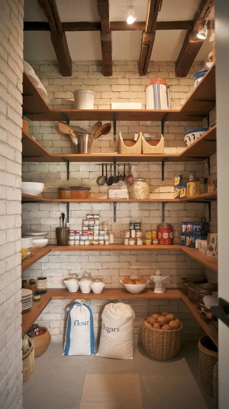 Rustic charm meets practical storage in a farmhouse walk-in pantry boasting wooden shelving, exposed brick, and ample room for all your culinary essentials.