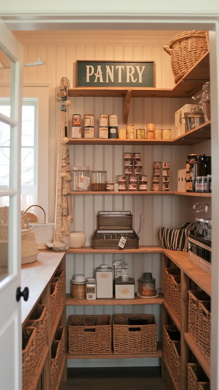 A charming vintage sign welcomes you to a farmhouse walk-in pantry filled with rustic wooden shelving and organized goods bathed in warm light.