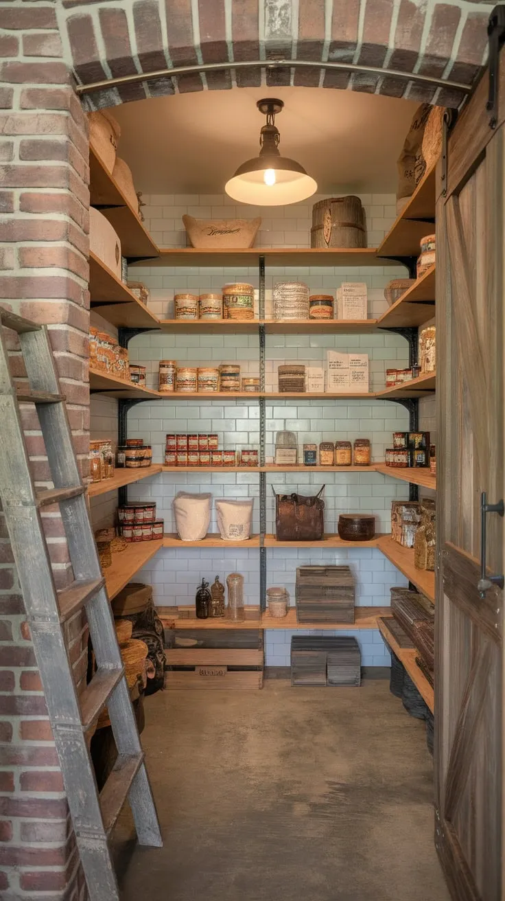 A vintage-inspired walk-in pantry boasts wooden shelving, a rustic brick wall, and clever storage solutions in a charming farmhouse setting.
