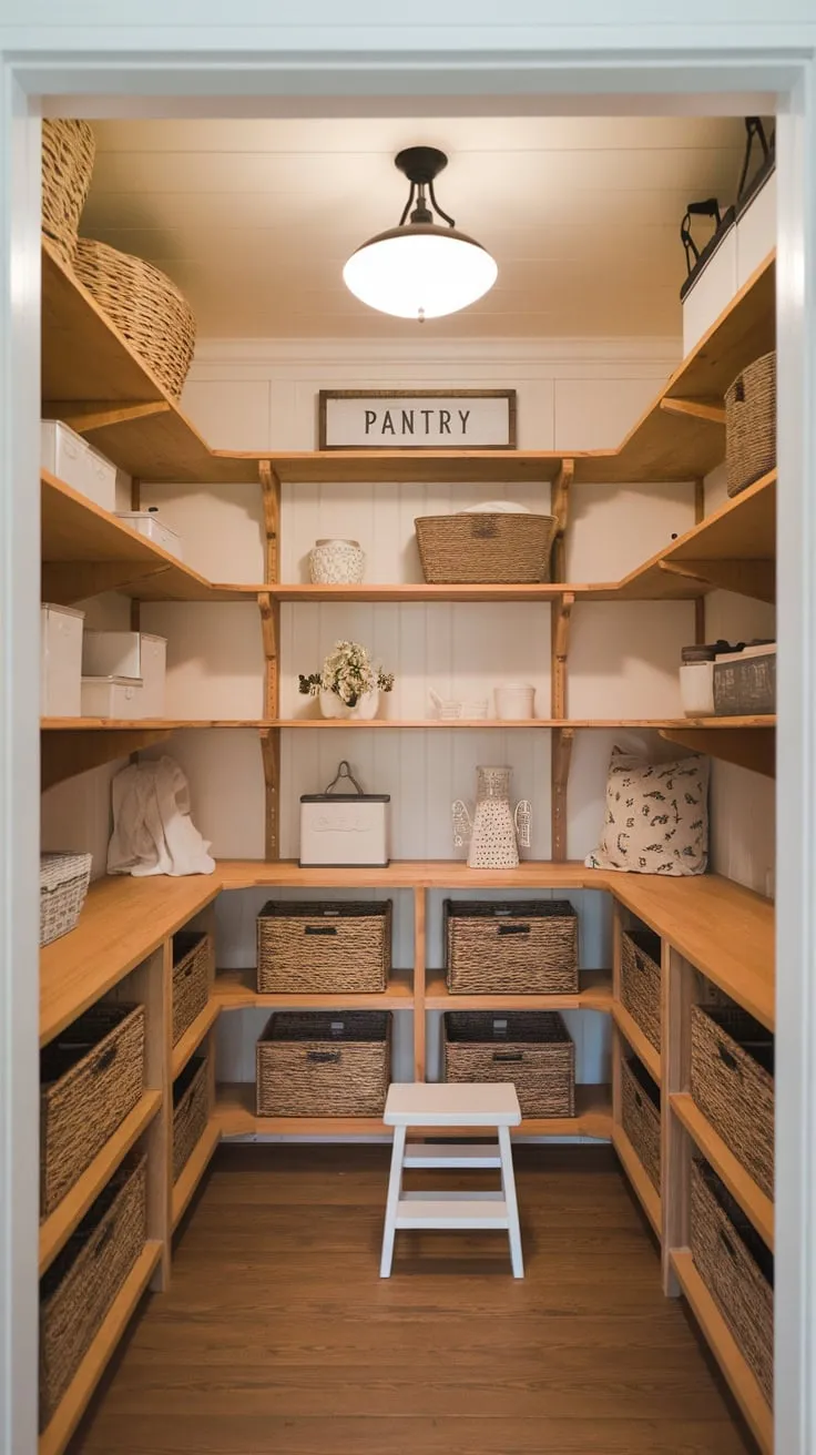 Organize and admire your pantry staples in a bright, airy walk-in pantry featuring whitewashed wood shelving, decorative accents, and practical storage solutions.
